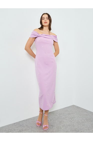 Women Lilac Faux Pearl Embellished Off Shoulder Maxi Dress