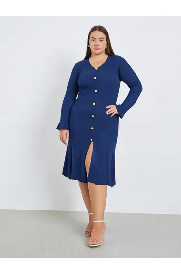 فستان ميدي محبوك مضلع بأزرار - للمقاسات الكبيرة