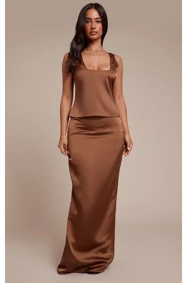 Petite Mocha Satin Maxi Skirt