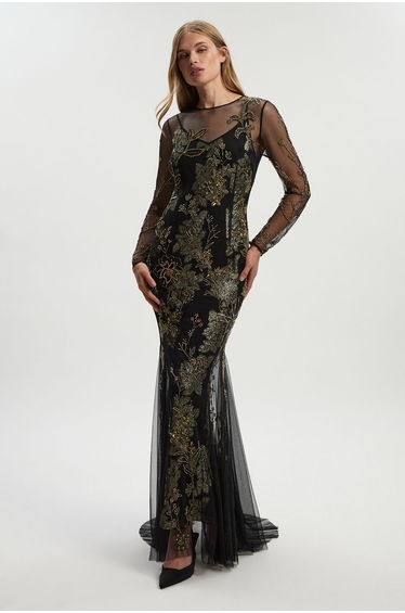 Floral Applique Embellished Metallic Georgette Woven Maxi Dress