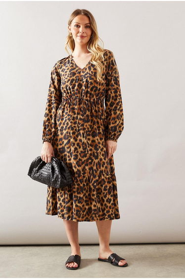 Leopard Print Drawstring Viscose Midi Dress