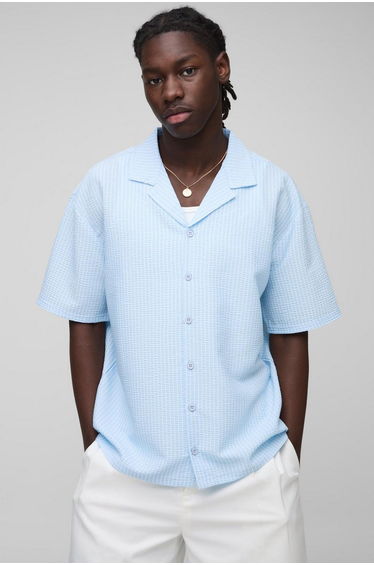 Oversized Embroidered Stripe Seersucker Revere Shirt - light blue
