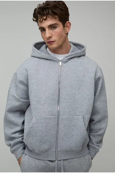 Basic Oversized Boxy Zip Through Hoodie - grey marl