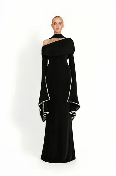 Simona Black One Shoulder Pearl Trim Maxi Gown