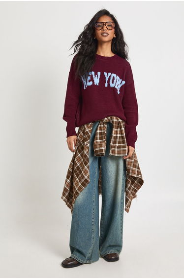 New York Crew Neck Knitted Jumper - burgundy