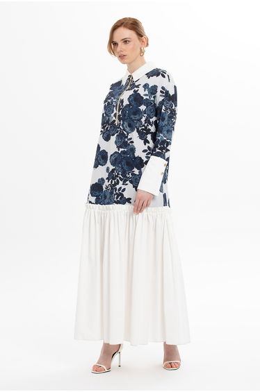 Pleated Hem Collar and Sleeve Detail Navy Dress