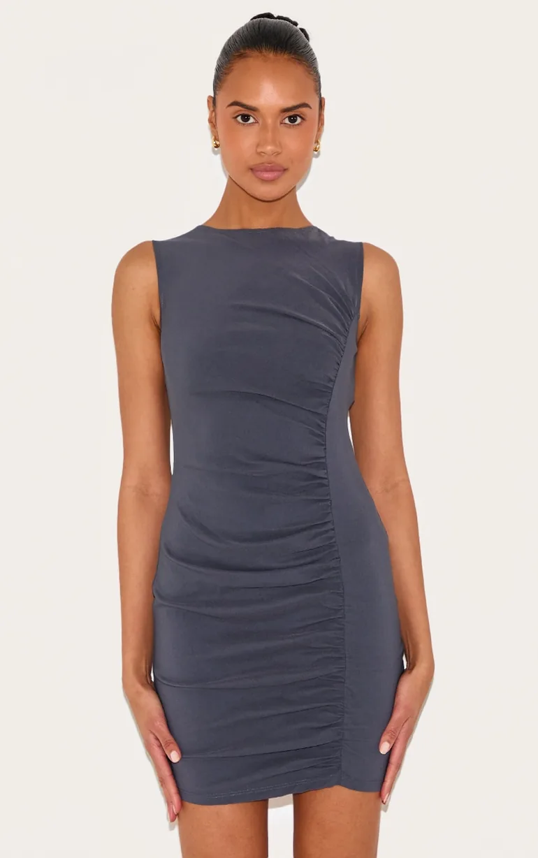 Charcoal Stretch Woven Ruched Bodycon Dress Prettylittlething : Party Dresses : VogaCloset Qatar Charcoal Stretch Woven Ruched Bodycon Dress Prettylittlething : Party Dresses : VogaCloset Qatar
