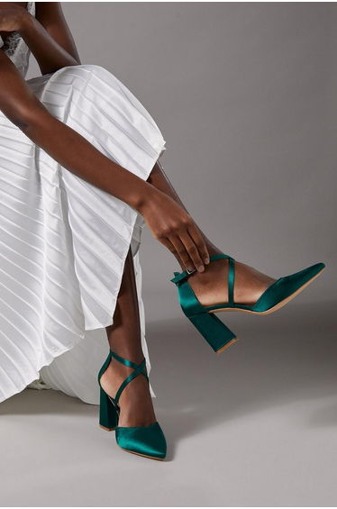 Wide Fit Treat Satin Cross Strap Pointed Block Heel Court Shoes