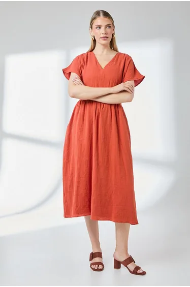 Gauze Shirred Waist Detail Midi Dress