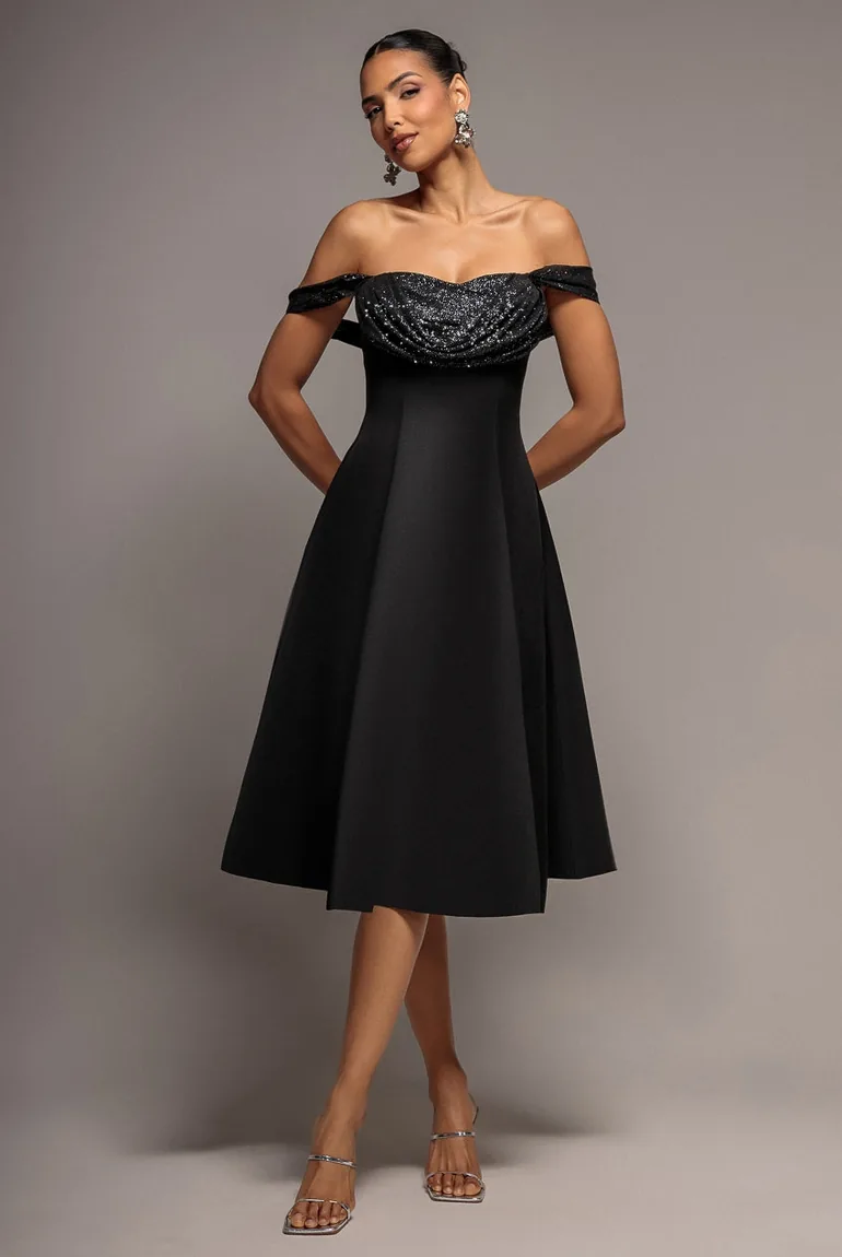 bardot skater midi dress Textured Bardot Shirred Midi Skater Dress