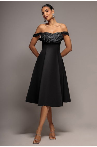 Sparkle Chiffon Cowl Bardot Skater Midi Dress - Black by Goddiva