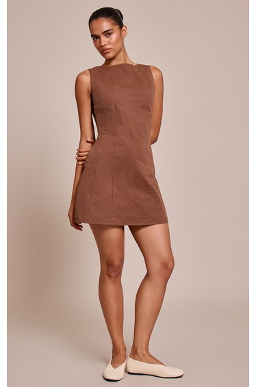Chocolate Woven Boat Neck Sleeveless Bodycon Dress