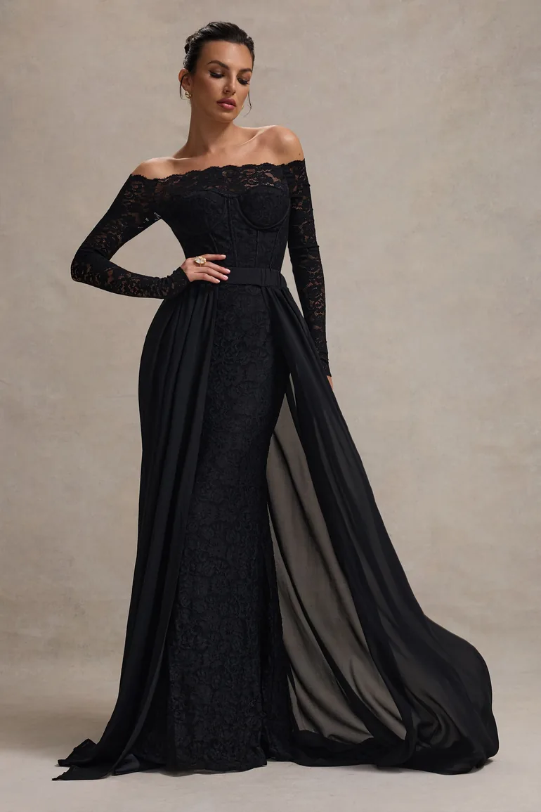 black lace bardot maxi dress Crystal Bardot Maxi Dress Black
