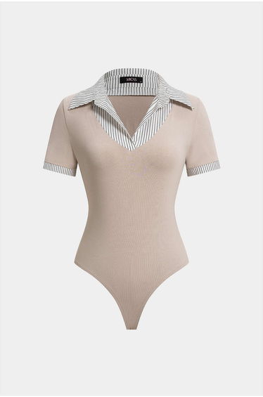 Striped Patchwork Lapel Short Sleeve Bodysuit