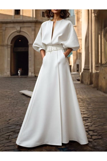 Half Sleeves Loose Belted Solid Color Deep V-Neck Maxi Dresses