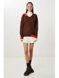 Women's Brown Contrast Striped Knit Sweater