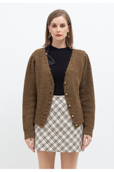 Button Front Fuzzy Knit Cardigan in Brown