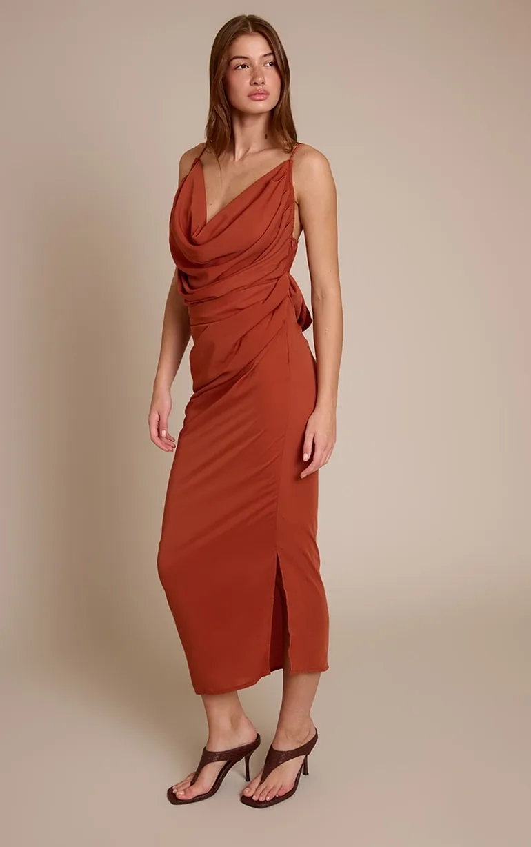 Burnt Orange Chiffon Drape Cut Out Midi Dress Prettylittlething Orange : Evening  Dresses : VogaCloset Qatar