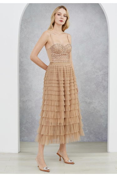 Rhinestone Lace Embroidered Bustier Mesh Crop Top in Apricot