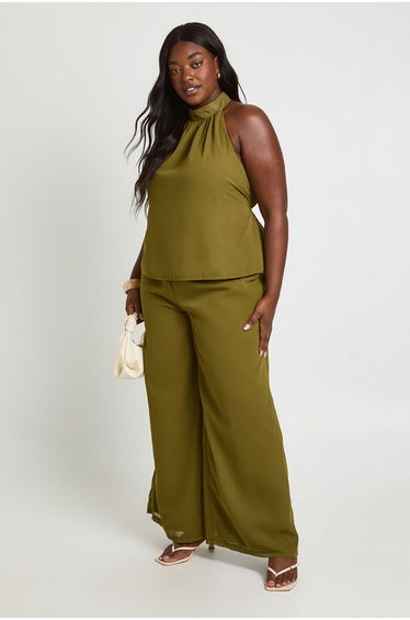 Plus Chiffon Mid Rise Wide Leg Trousers - olive