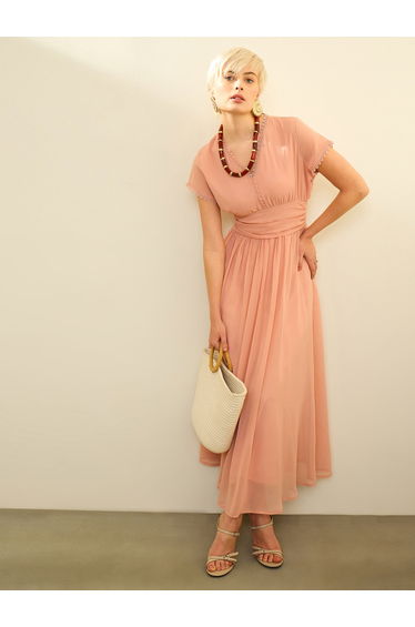 Pink Solid Cap Sleeves Maxi Dress