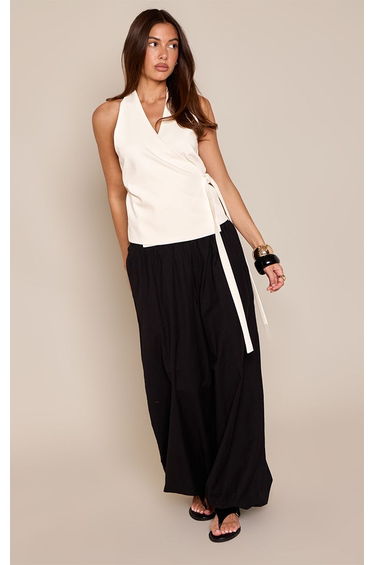 Cream Woven Tie Front Halterneck Top