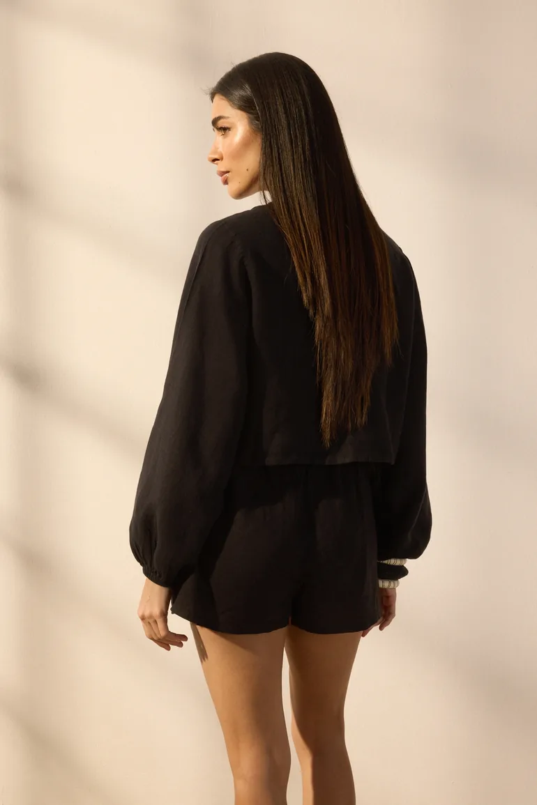 Black Woven 100% Linen Beach Shorts - 7