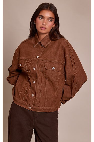 Tan Pleat Detail Boxy Denim Jacket