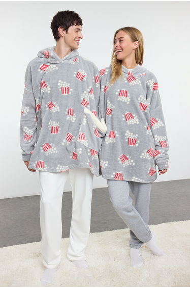 Unisex Couple/Pair Gray Printed Wellsoft Winter Knitted Dressing Gown
