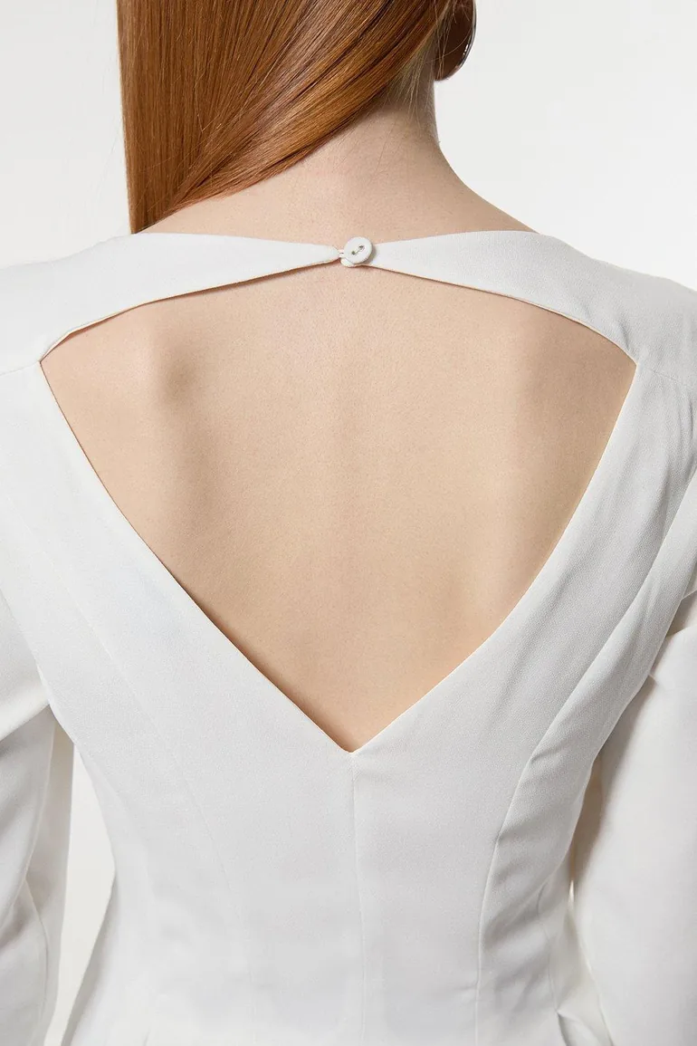 Pleated Long Sleeve Open Back Detail Woven Blouse - 2