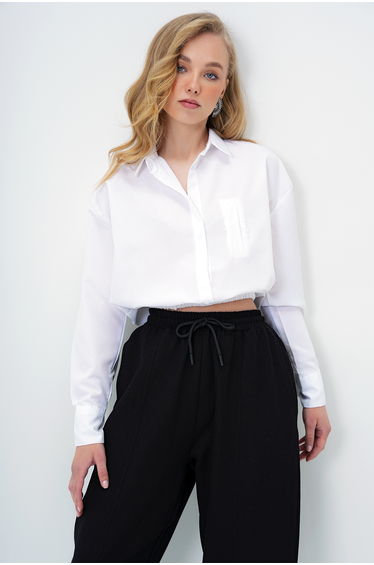 Women's White Wide Cuff Elastic Waist Crop Poplin Shirt