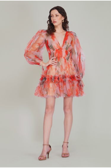 Gracelyn Tulle Mini Dress in Orange Poppy Print
