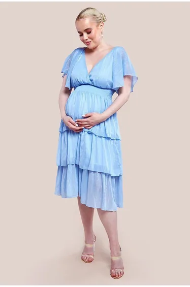 Goddiva Maternity Plain Lurex Chiffon Tiered Midi Dress