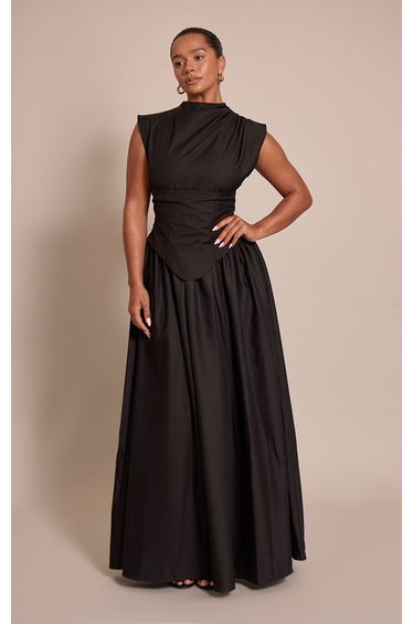 Shape black Woven High Neck Corseted Maxi Shift Dress
