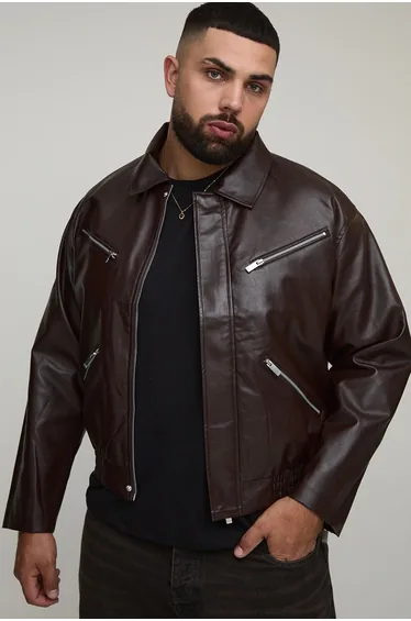 Plus Boxy Fit Zip Detail PU Collared Bomber Jacket - chocolate