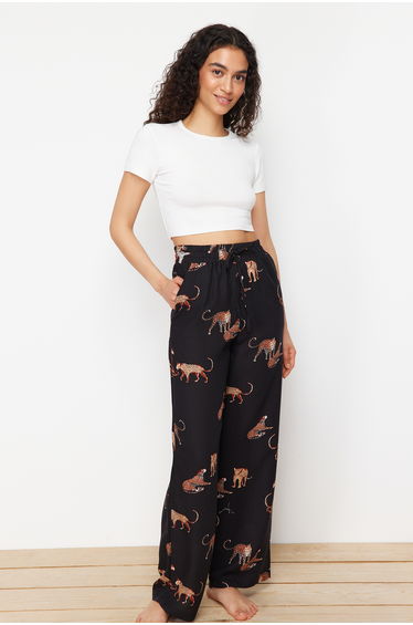 Black Animal Patterned Viscose Woven Pajama Bottom