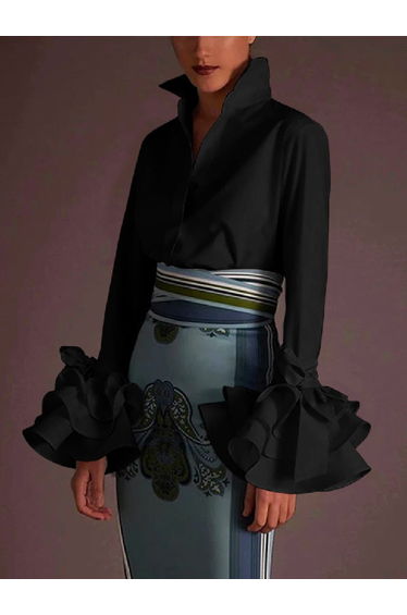 Flared Sleeves Bow-Embellished Falbala Solid Color Lapel Blouses&Shirts Tops