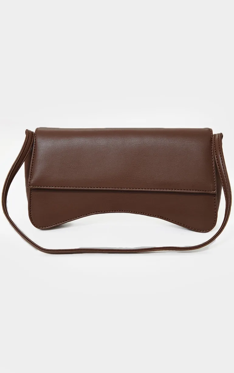 Chocolate PU Flap Over Baguette Shoulder Bag