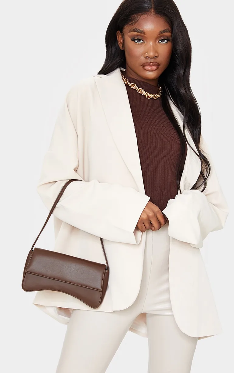 Chocolate PU Flap Over Baguette Shoulder Bag - 1