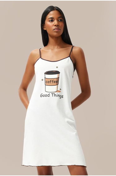 Ecru 100% Cotton Brown Printed Knitted Nightgown