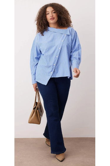 Blue Striped Asymmetric Collar Low Sleeve Woven Plus Size Shirt