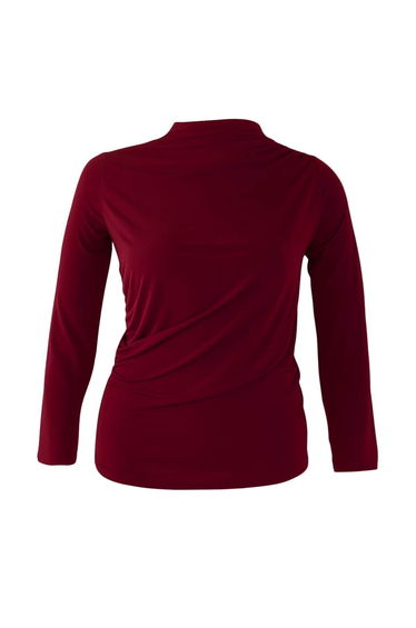 Burgundy Stand-up Collar Gathered Detailed Body-Fitting Knitted Plus Size