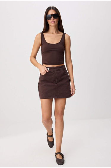 Brown Waist Detailed 100% Cotton Denim Shorts Skirt