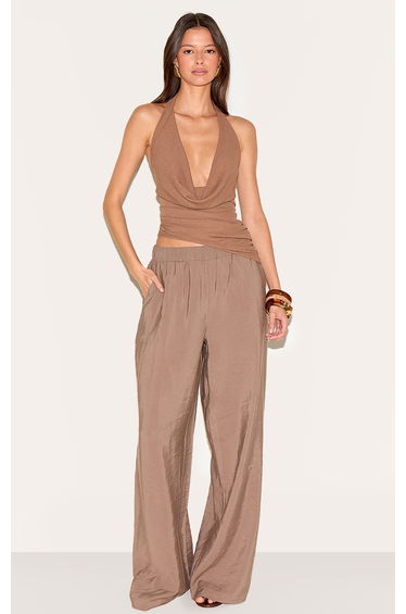 Mocha Burnout Mesh Cowl Neck Detail Long Top