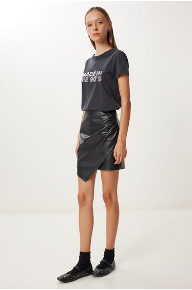 Women's Black Asymmetrical Mini Faux Leather Skirt