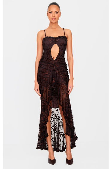 Brown Devore Cut Out Frill Detail Dress