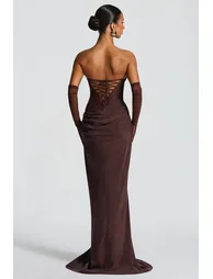 Vedette Brown Ruched Corset Maxi Dress - 1