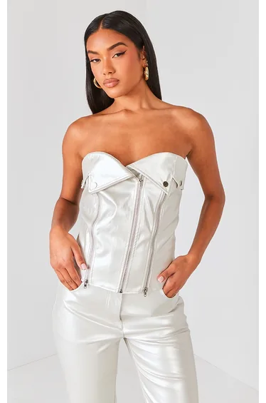 Silver Metallic Faux Leather Zip Up Biker Detail Corset