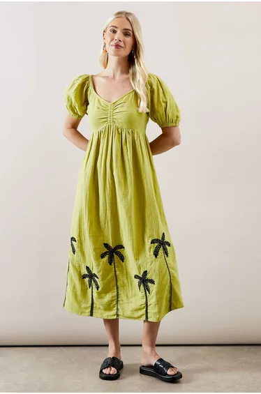 Petite Palm Embroidered Textured Midi Dress