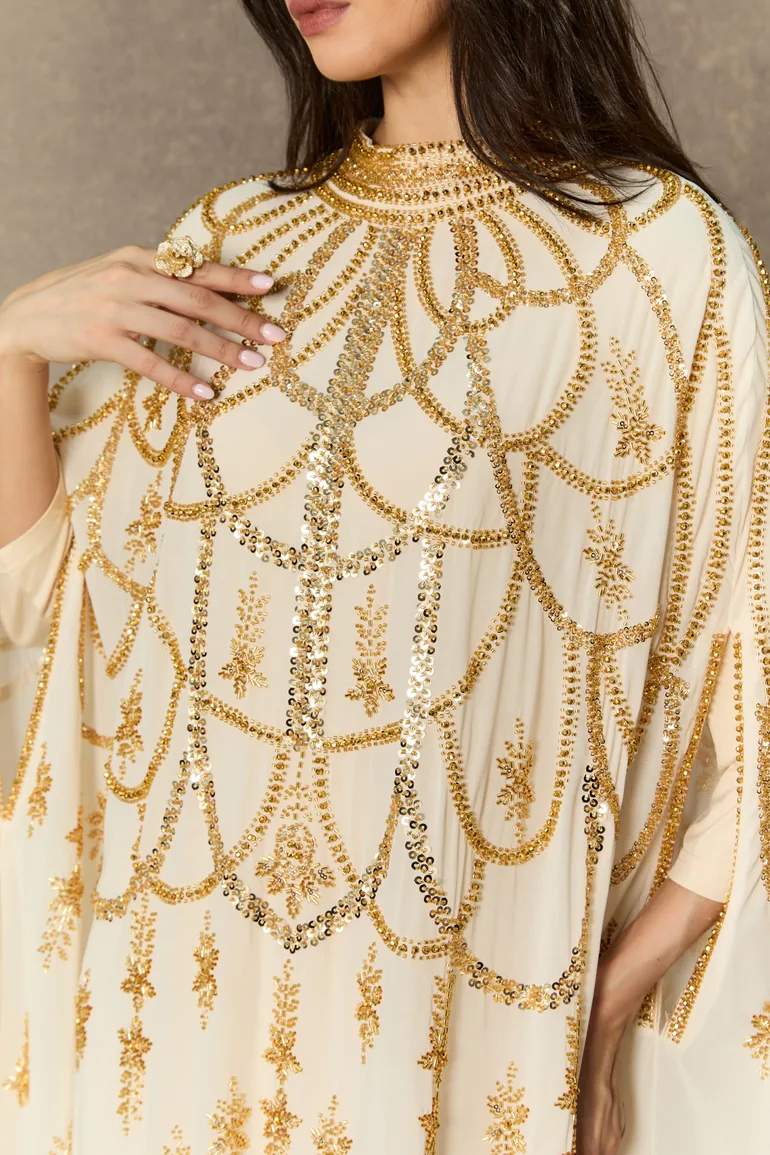 Perfectly Luxurious Beige Sequin Embroidered Maxi Kaftan - 1